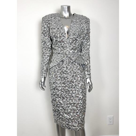Vintage 80s David Howard Power Suit Blazer Skirt Suit Karen Okada Sequin Silver